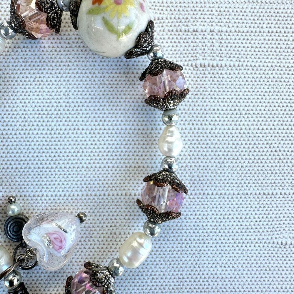 Handmade Floral Bead Bracelet With Pink Crystals & Pearl Accents - Picture 3 of 7